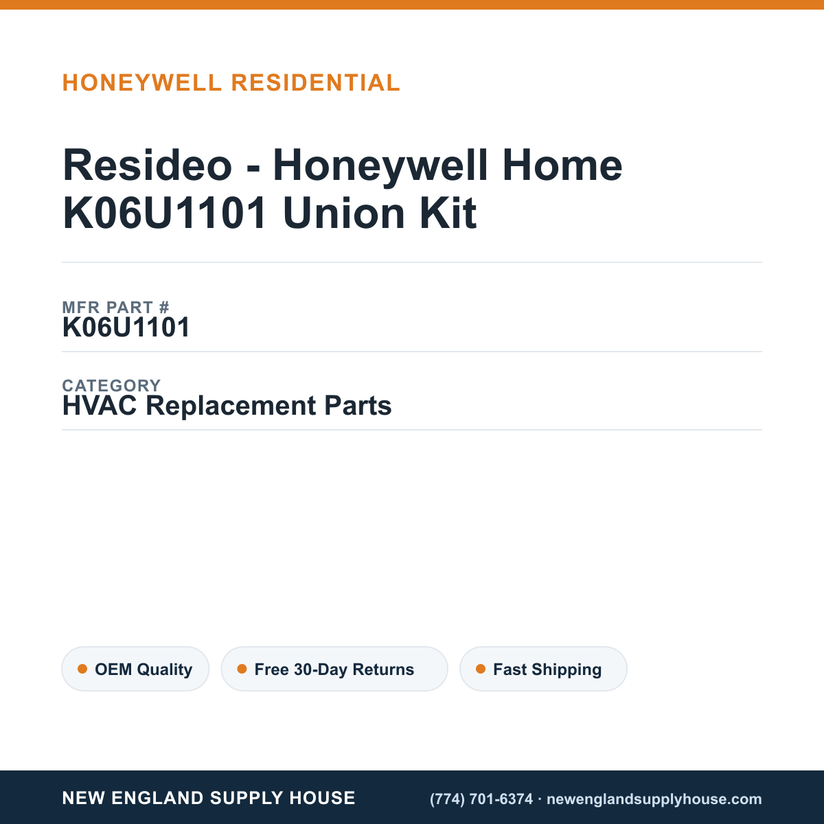 Resideo - Honeywell Home K06U1101 Union Kit — New England Supply House spec card [NESH-SPEC-CARD-V2]