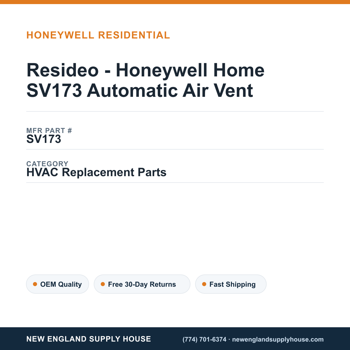 Resideo - Honeywell Home SV173 Automatic Air Vent — New England Supply House spec card [NESH-SPEC-CARD-V2]