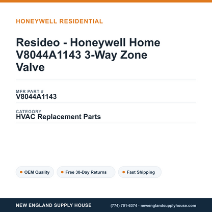 Resideo - Honeywell Home V8044A1143 3-Way Zone Valve — New England Supply House spec card [NESH-SPEC-CARD-V2]