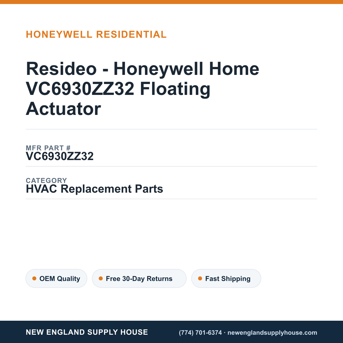 Resideo - Honeywell Home VC6930ZZ32 Floating Actuator — New England Supply House spec card [NESH-SPEC-CARD-V2]