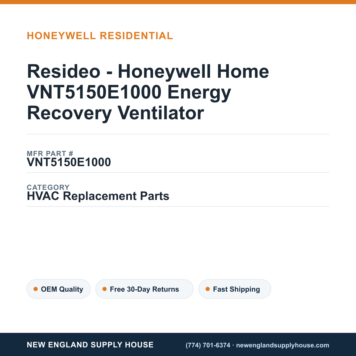 Resideo - Honeywell Home VNT5150E1000 Energy Recovery Ventilator — New England Supply House spec card [NESH-SPEC-CARD-V2]