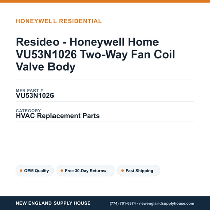 Resideo - Honeywell Home VU53N1026 Two-Way Fan Coil Valve Body — New England Supply House spec card [NESH-SPEC-CARD-V2]