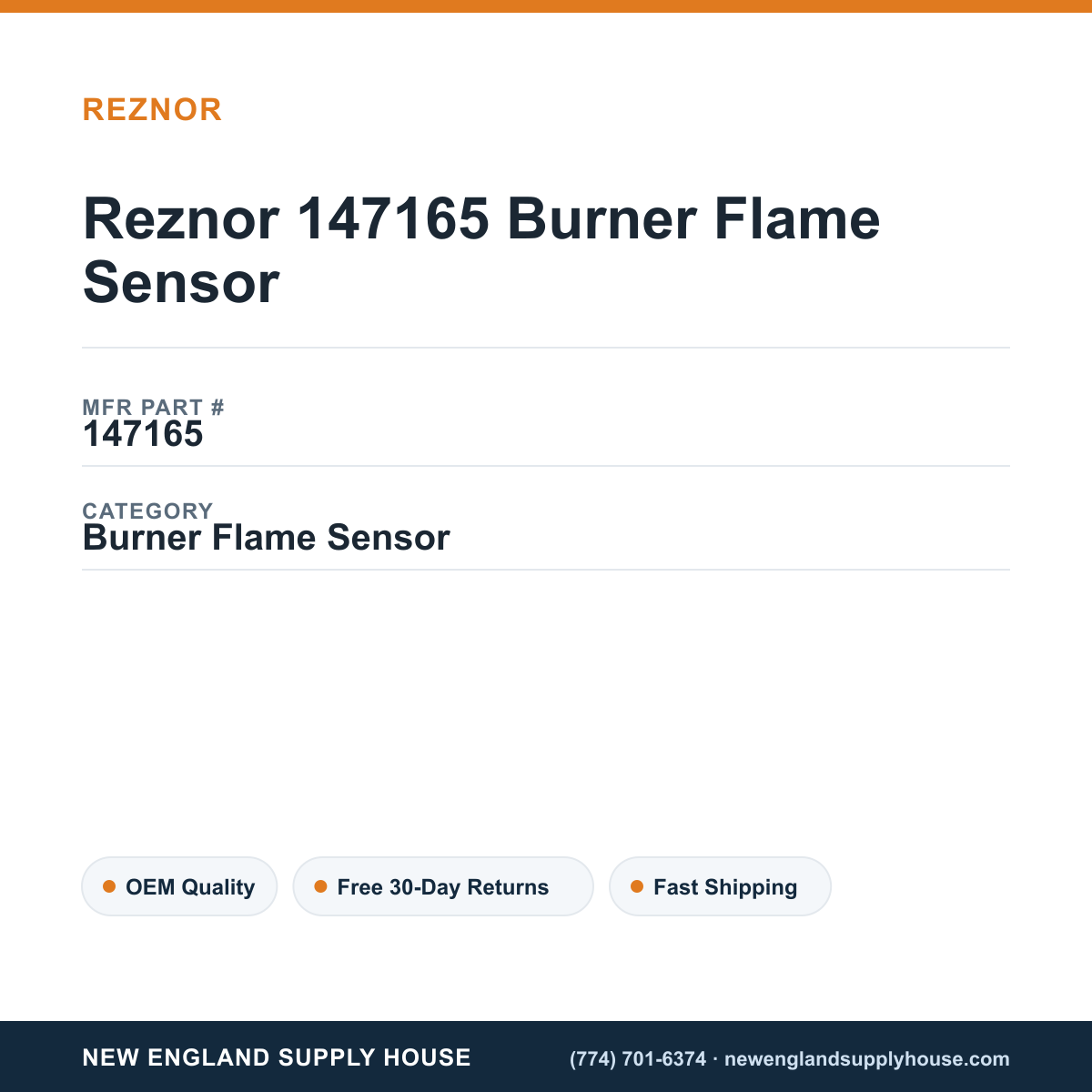Reznor 147165 Burner Flame Sensor — New England Supply House spec card [NESH-SPEC-CARD-V2]
