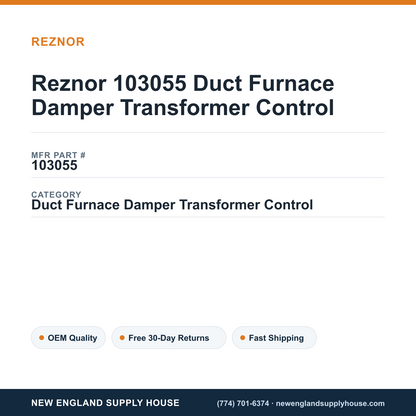 Reznor 103055 Duct Furnace Damper Transformer Control — New England Supply House spec card [NESH-SPEC-CARD-V2]