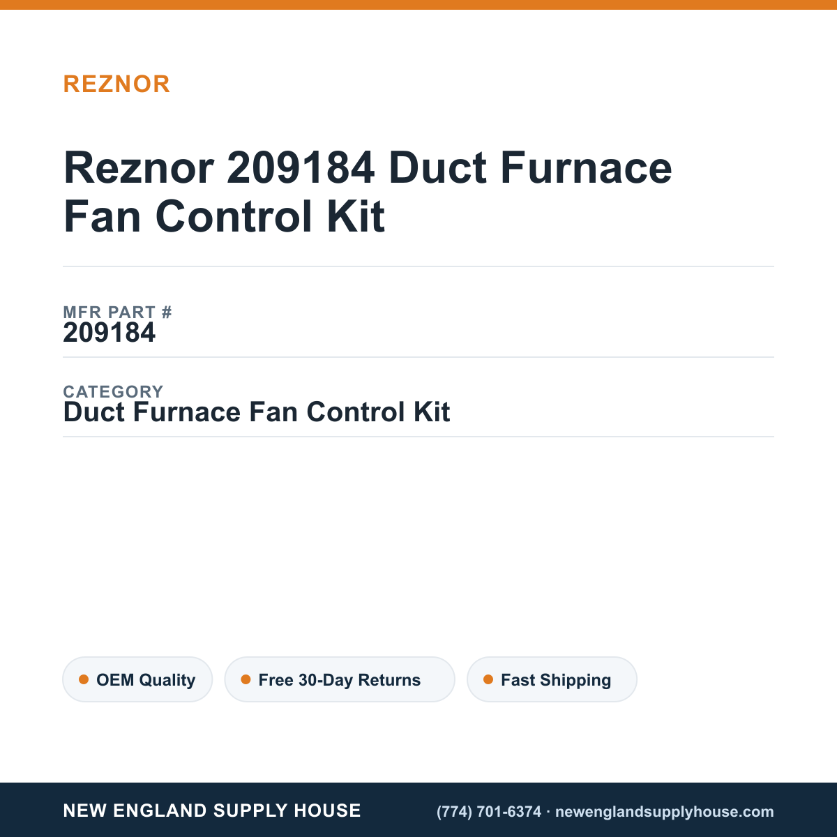 Reznor 209184 Duct Furnace Fan Control Kit — New England Supply House spec card [NESH-SPEC-CARD-V2]