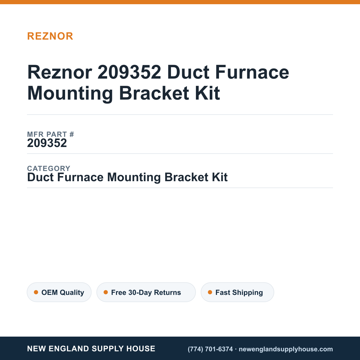 Reznor 209352 Duct Furnace Mounting Bracket Kit — New England Supply House spec card [NESH-SPEC-CARD-V2]