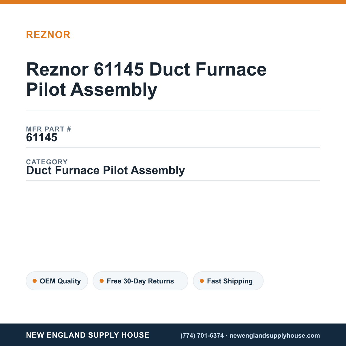 Reznor 61145 Duct Furnace Pilot Assembly — New England Supply House spec card [NESH-SPEC-CARD-V2]