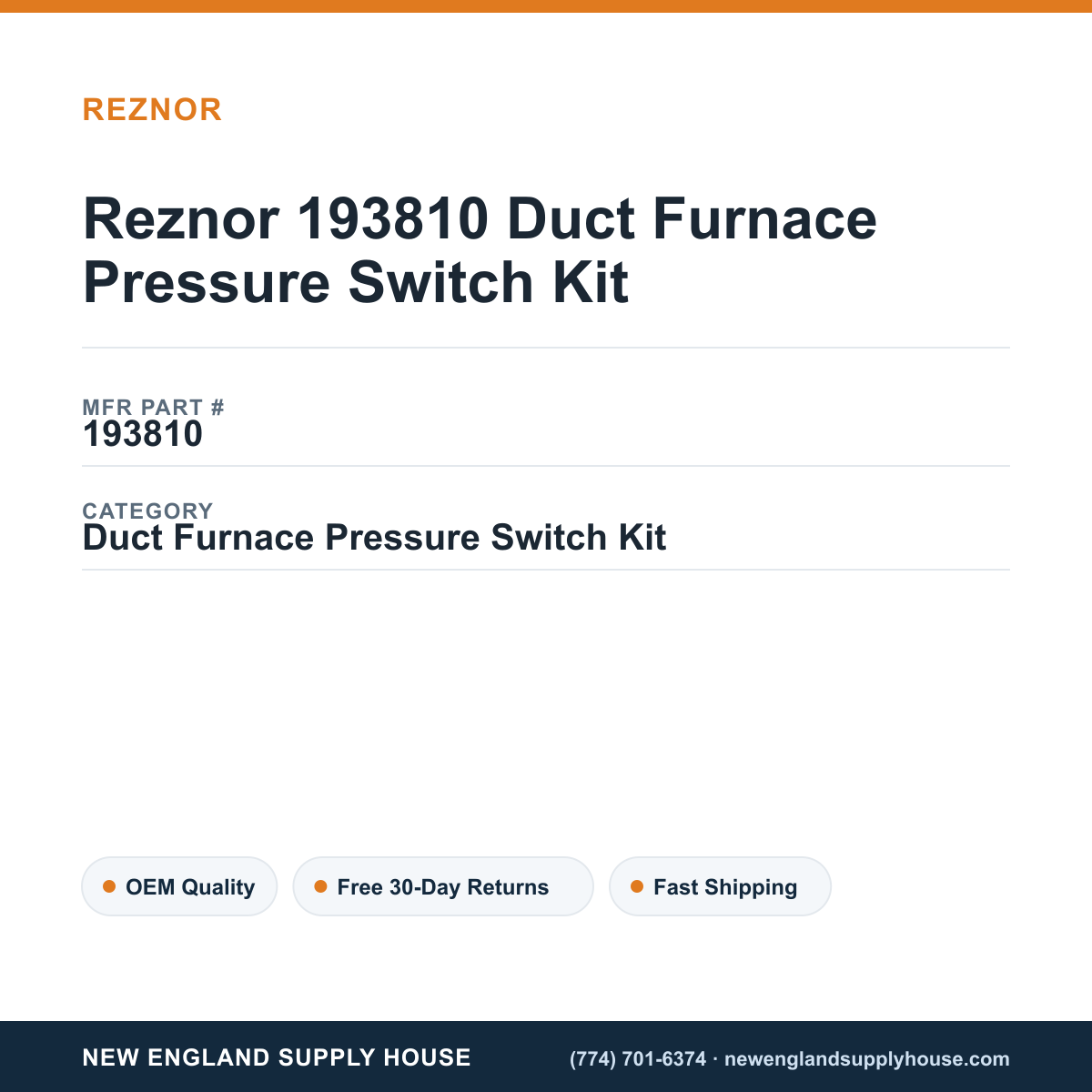 Reznor 193810 Duct Furnace Pressure Switch Kit — New England Supply House spec card [NESH-SPEC-CARD-V2]