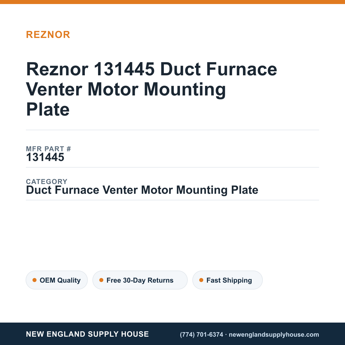 Reznor 131445 Duct Furnace Venter Motor Mounting Plate — New England Supply House spec card [NESH-SPEC-CARD-V2]
