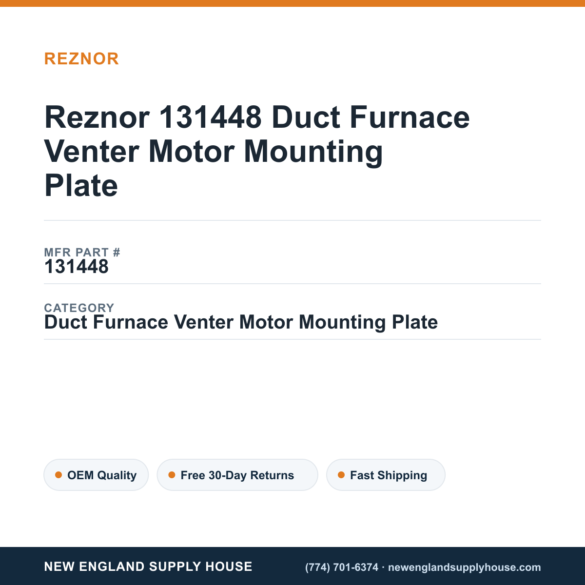 Reznor 131448 Duct Furnace Venter Motor Mounting Plate — New England Supply House spec card [NESH-SPEC-CARD-V2]