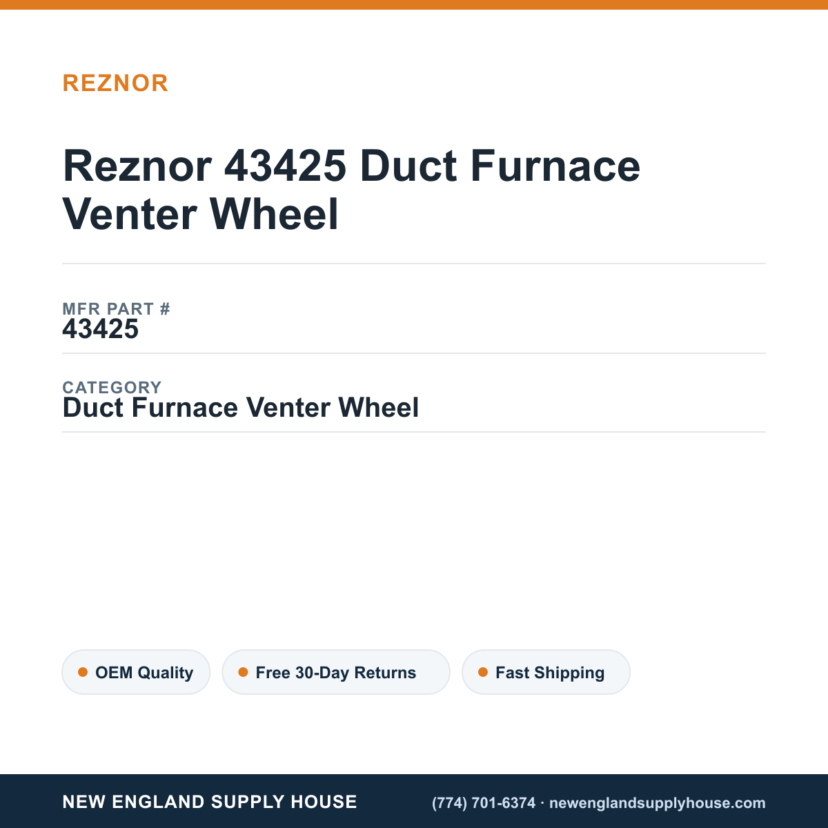 Reznor 43425 Duct Furnace Venter Wheel — New England Supply House spec card [NESH-SPEC-CARD-V2]