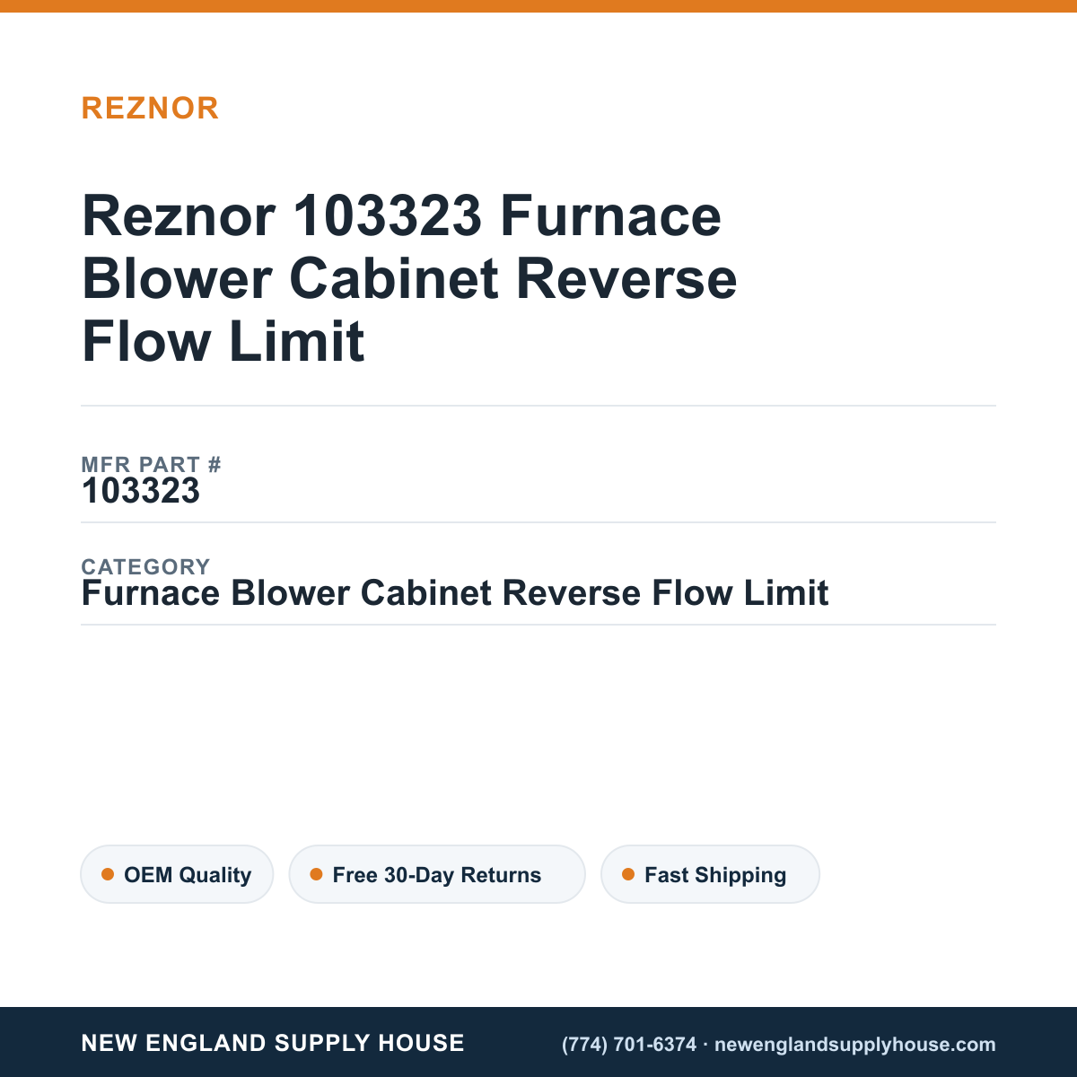 Reznor 103323 Furnace Blower Cabinet Reverse Flow Limit — New England Supply House spec card [NESH-SPEC-CARD-V2]