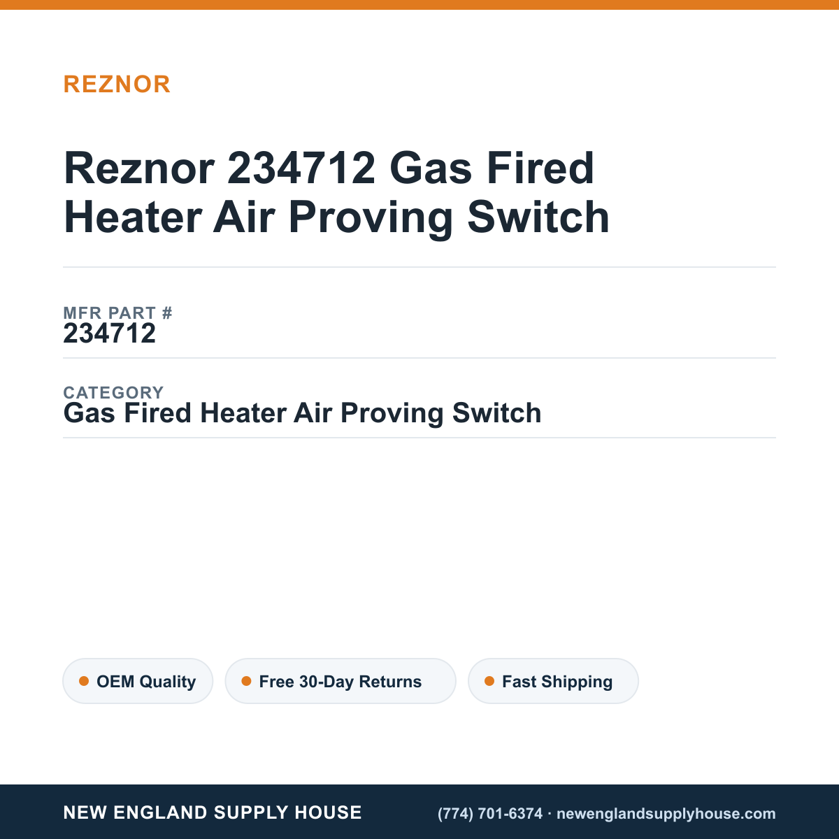 Reznor 234712 Gas Fired Heater Air Proving Switch — New England Supply House spec card [NESH-SPEC-CARD-V2]