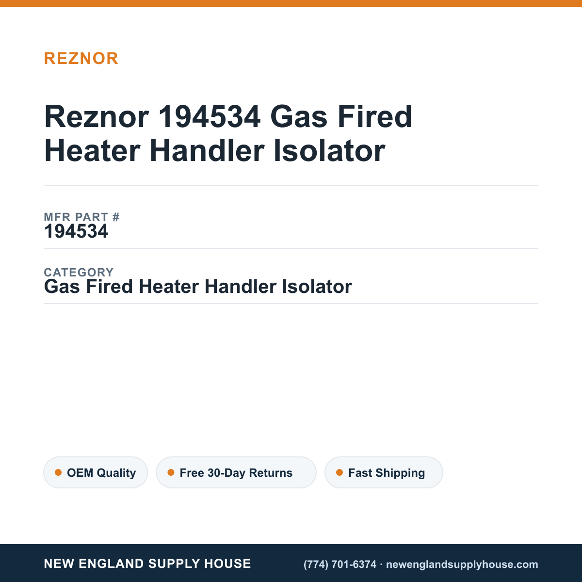 Reznor 194534 Gas Fired Heater Handler Isolator — New England Supply House spec card [NESH-SPEC-CARD-V2]