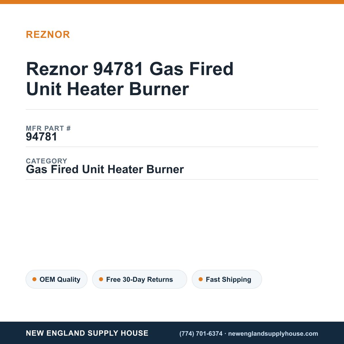 Reznor 94781 Gas Fired Unit Heater Burner — New England Supply House spec card [NESH-SPEC-CARD-V2]