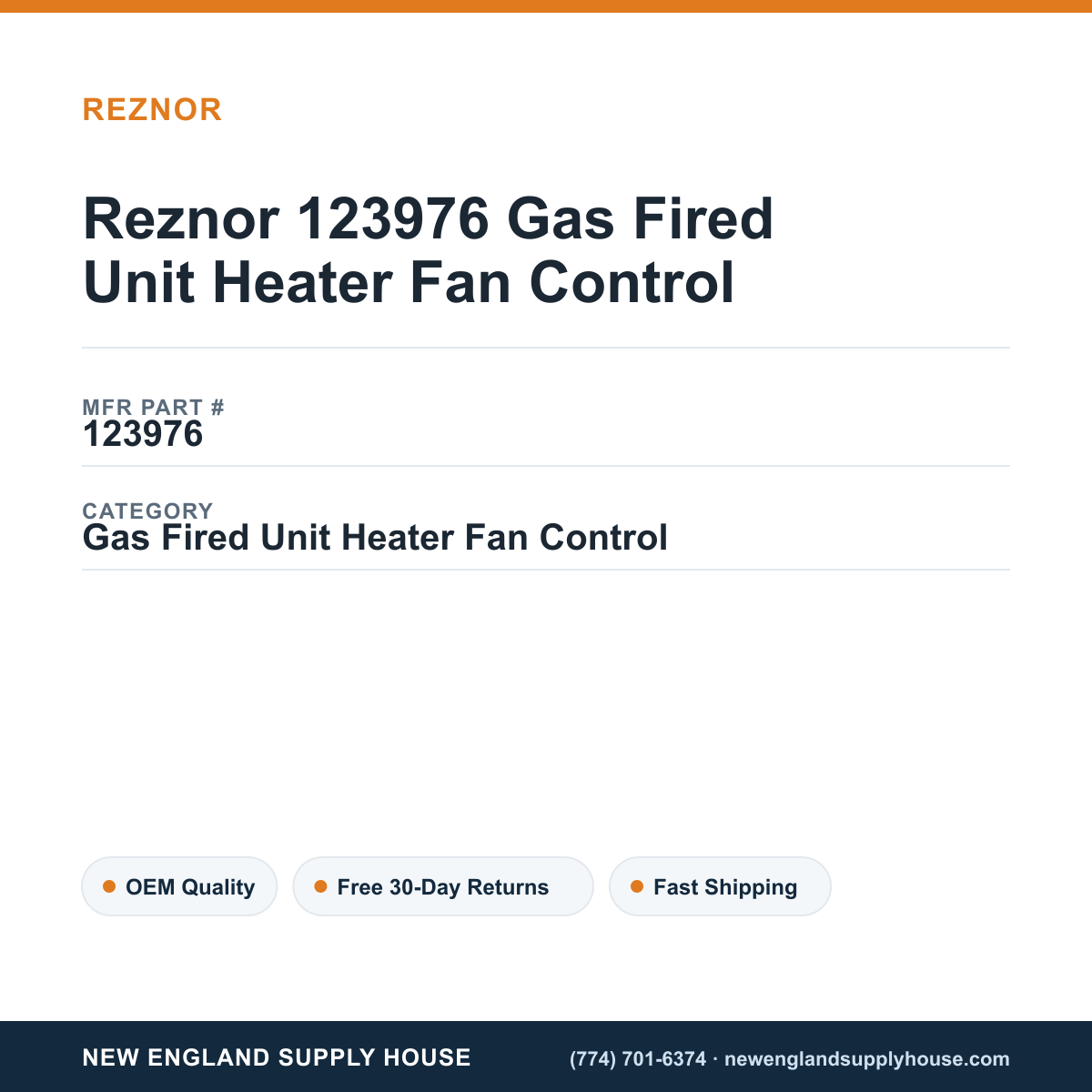Reznor 123976 Gas Fired Unit Heater Fan Control — New England Supply House spec card [NESH-SPEC-CARD-V2]