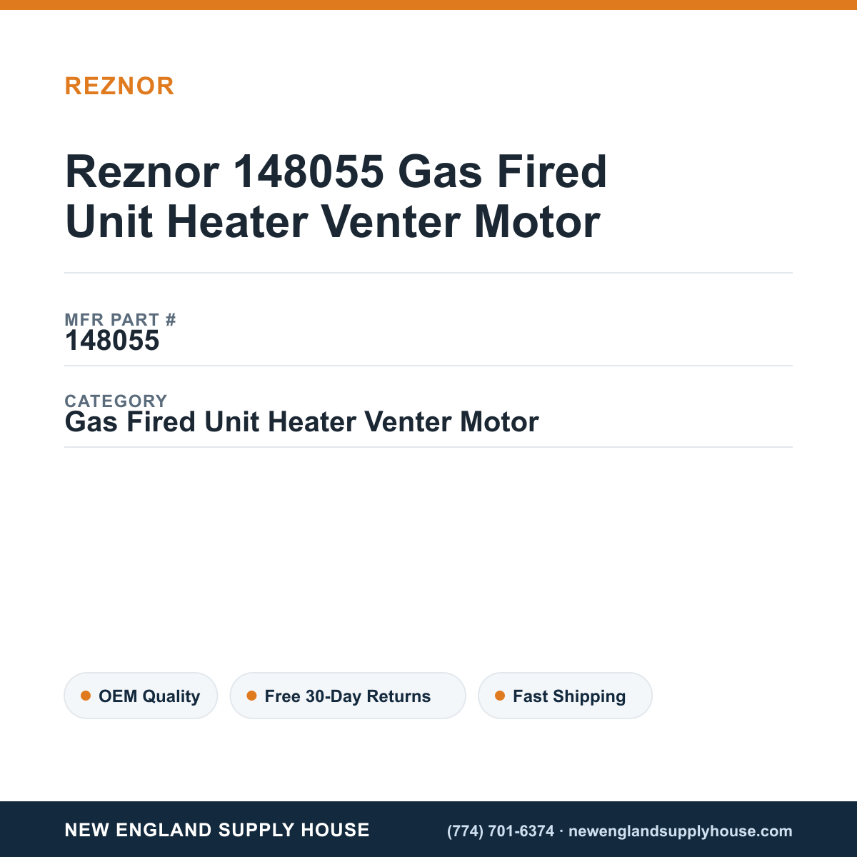 Reznor 148055 Gas Fired Unit Heater Venter Motor — New England Supply House spec card [NESH-SPEC-CARD-V2]