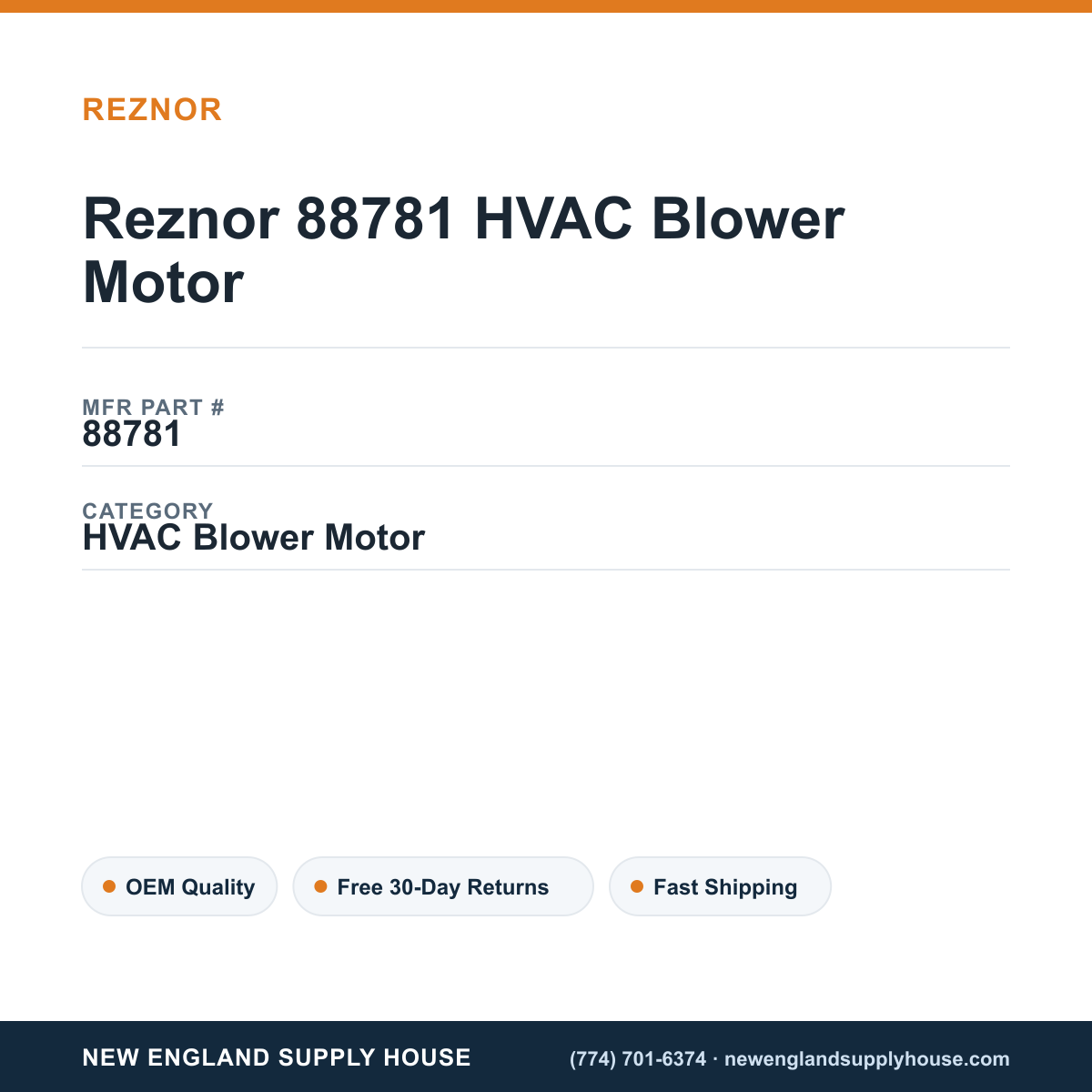 Reznor 88781 HVAC Blower Motor — New England Supply House spec card [NESH-SPEC-CARD-V2]