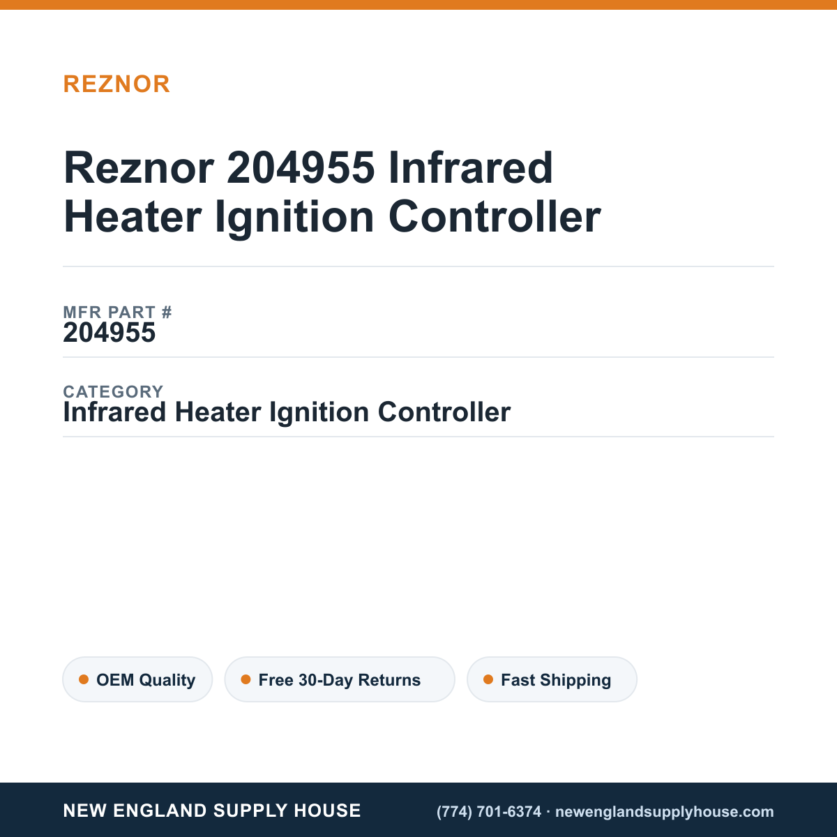 Reznor 204955 Infrared Heater Ignition Controller — New England Supply House spec card [NESH-SPEC-CARD-V2]
