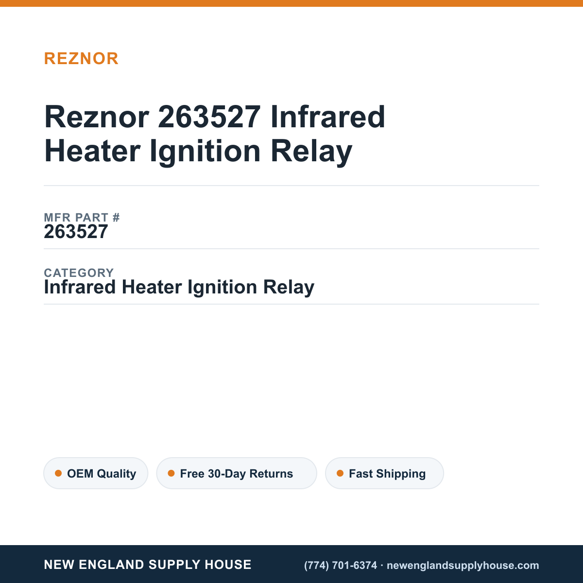 Reznor 263527 Infrared Heater Ignition Relay — New England Supply House spec card [NESH-SPEC-CARD-V2]