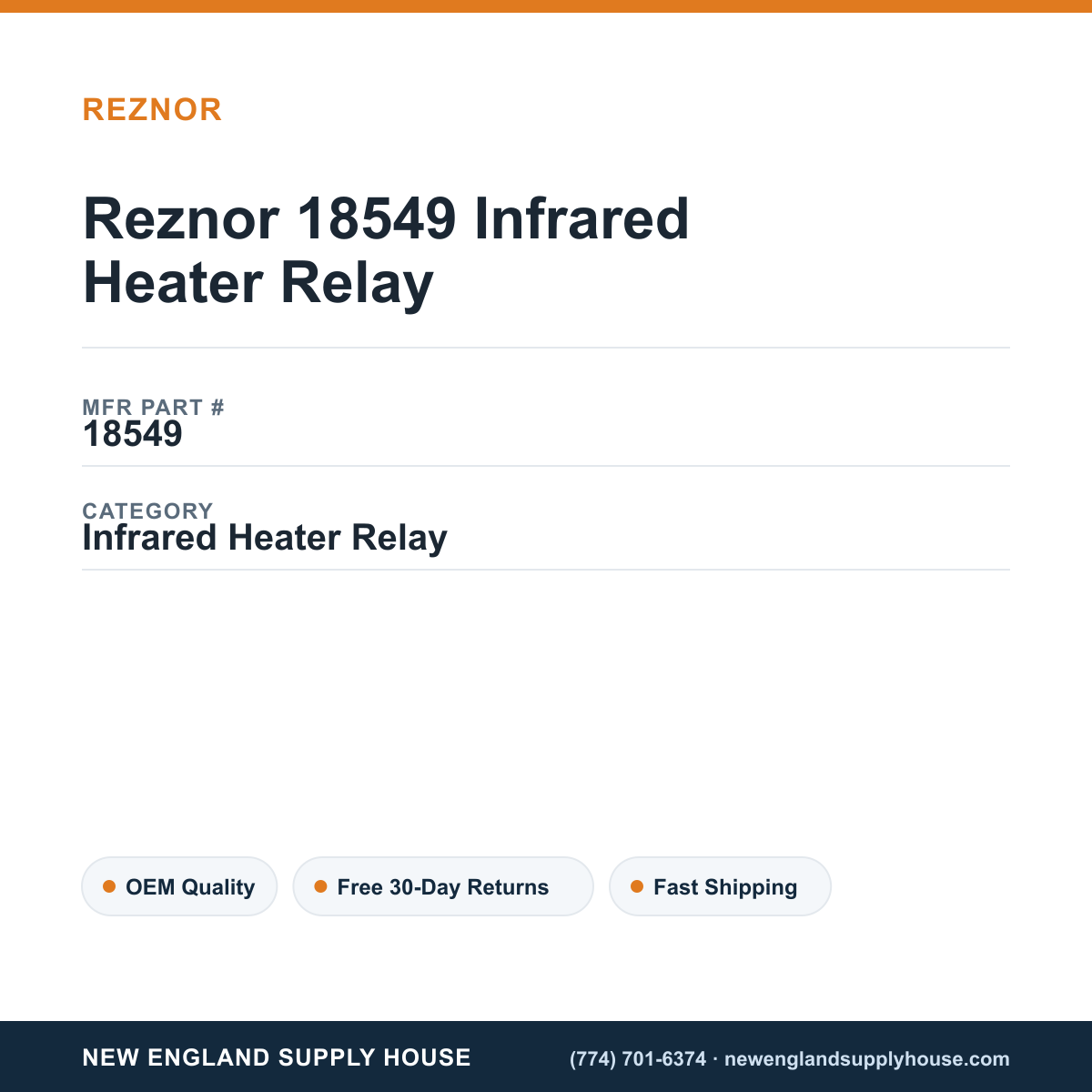 Reznor 18549 Infrared Heater Relay — New England Supply House spec card [NESH-SPEC-CARD-V2]