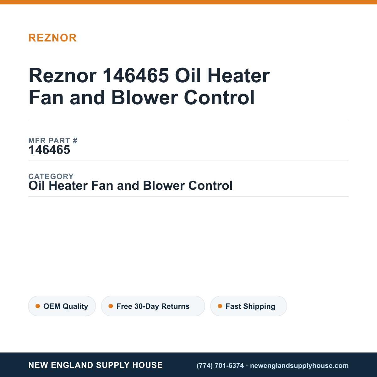 Reznor 146465 Oil Heater Fan and Blower Control — New England Supply House spec card [NESH-SPEC-CARD-V2]