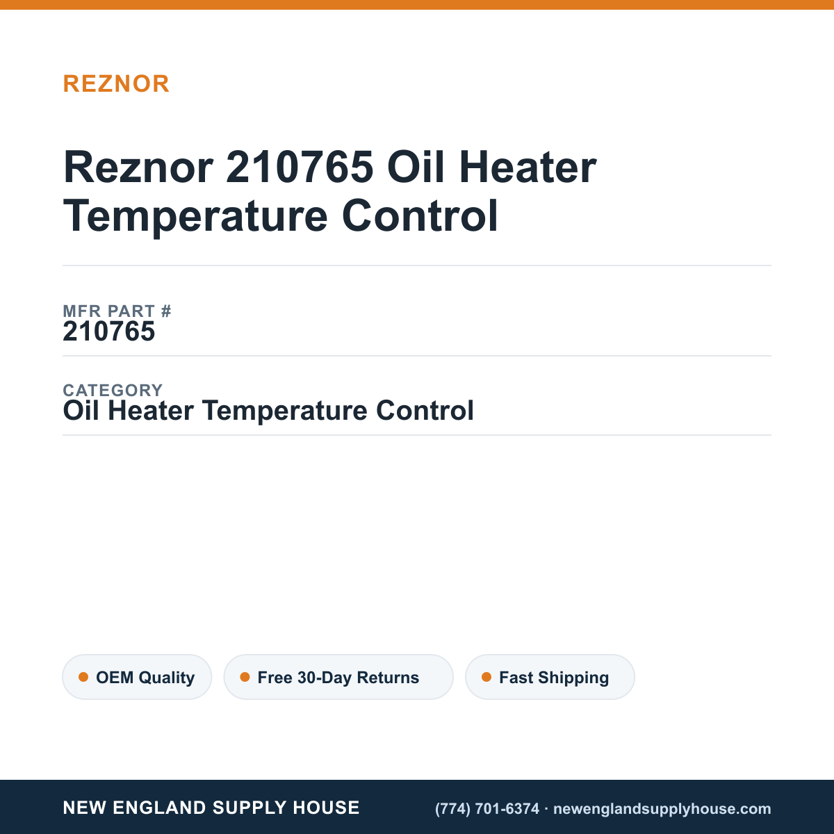 Reznor 210765 Oil Heater Temperature Control — New England Supply House spec card [NESH-SPEC-CARD-V2]