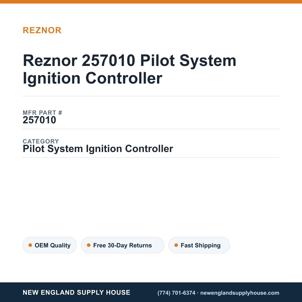 Reznor 257010 Pilot System Ignition Controller — New England Supply House spec card [NESH-SPEC-CARD-V2]