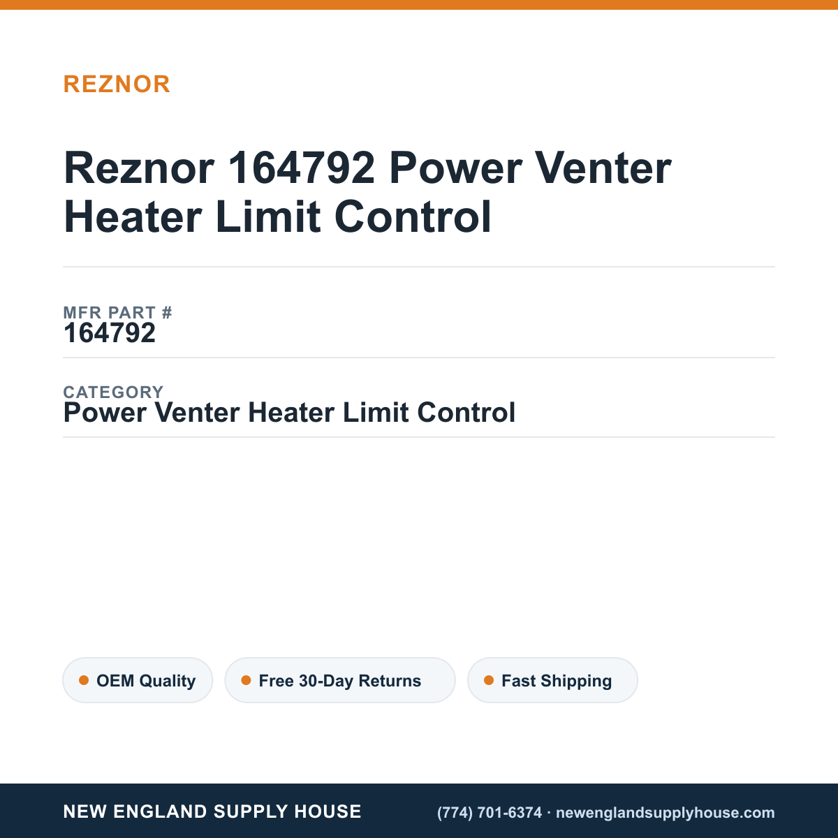Reznor 164792 Power Venter Heater Limit Control — New England Supply House spec card [NESH-SPEC-CARD-V2]