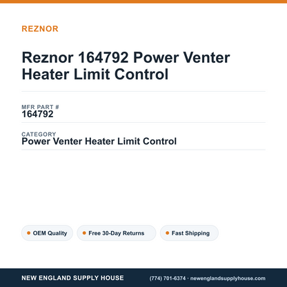 Reznor 164792 Power Venter Heater Limit Control — New England Supply House spec card [NESH-SPEC-CARD-V2]