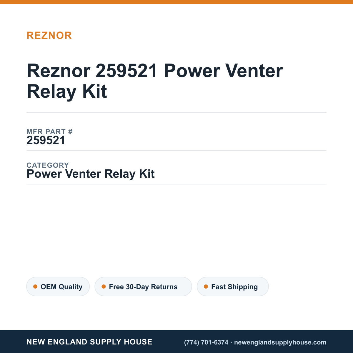 Reznor 259521 Power Venter Relay Kit — New England Supply House spec card [NESH-SPEC-CARD-V2]