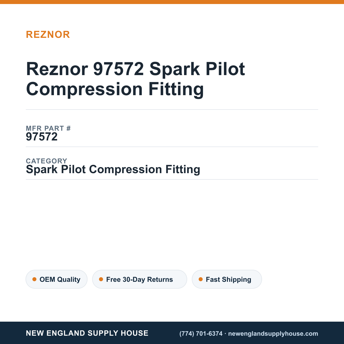 Reznor 97572 Spark Pilot Compression Fitting — New England Supply House spec card [NESH-SPEC-CARD-V2]