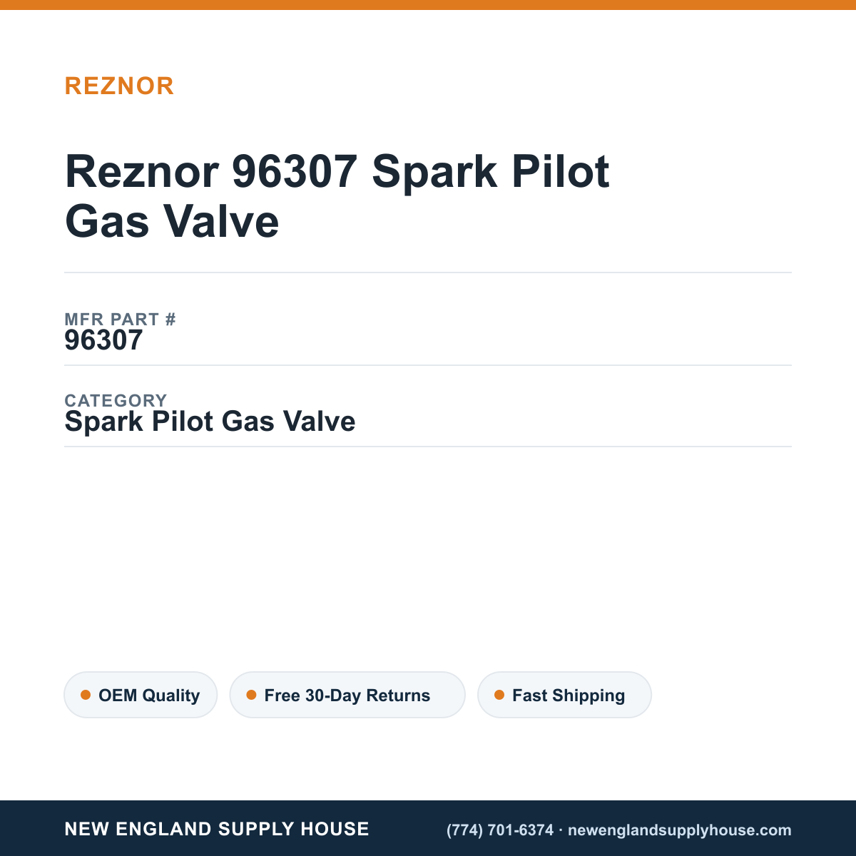 Reznor 96307 Spark Pilot Gas Valve — New England Supply House spec card [NESH-SPEC-CARD-V2]