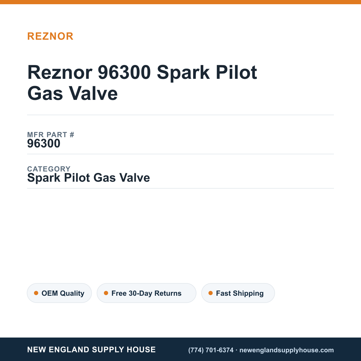 Reznor 96300 Spark Pilot Gas Valve — New England Supply House spec card [NESH-SPEC-CARD-V2]