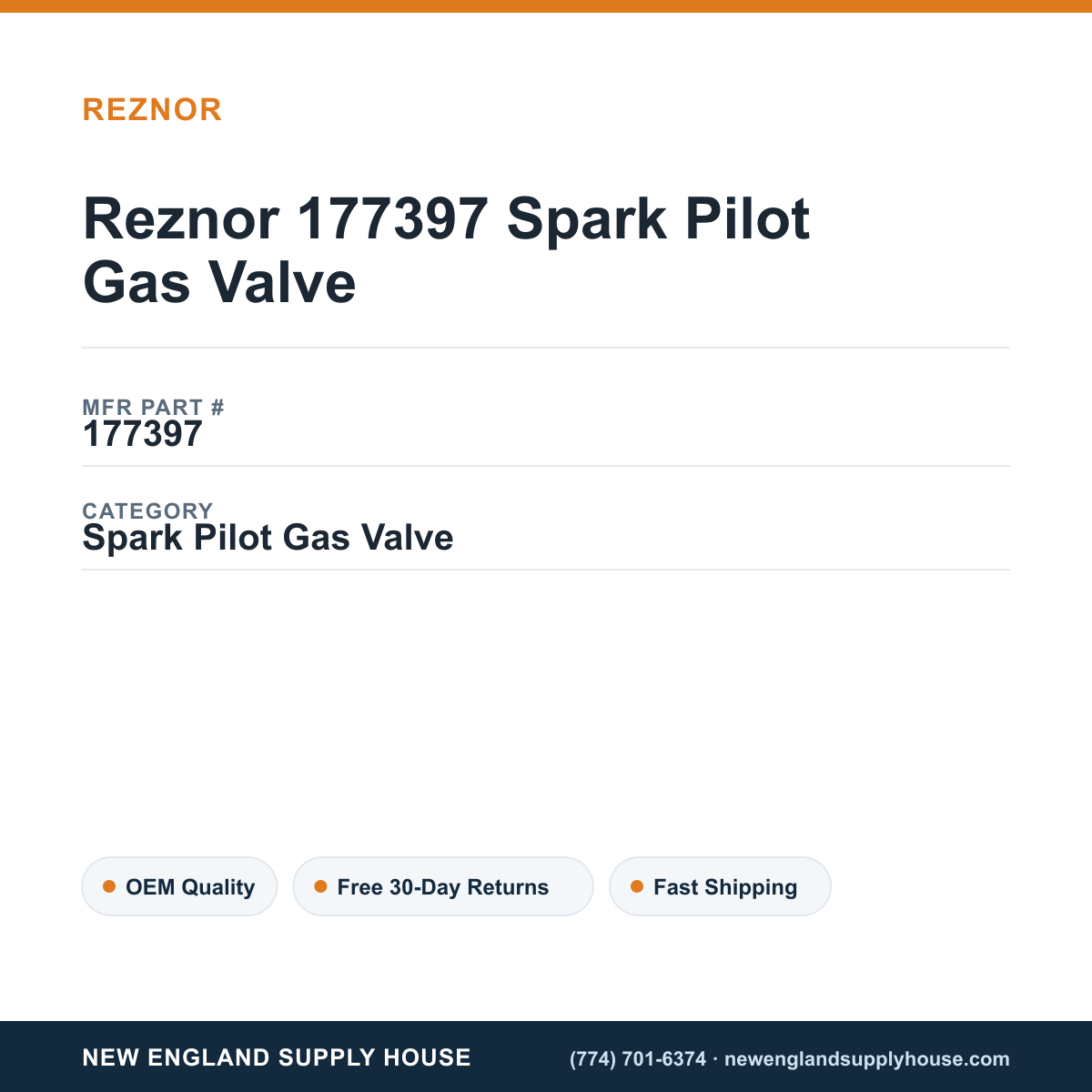 Reznor 177397 Spark Pilot Gas Valve — New England Supply House spec card [NESH-SPEC-CARD-V2]