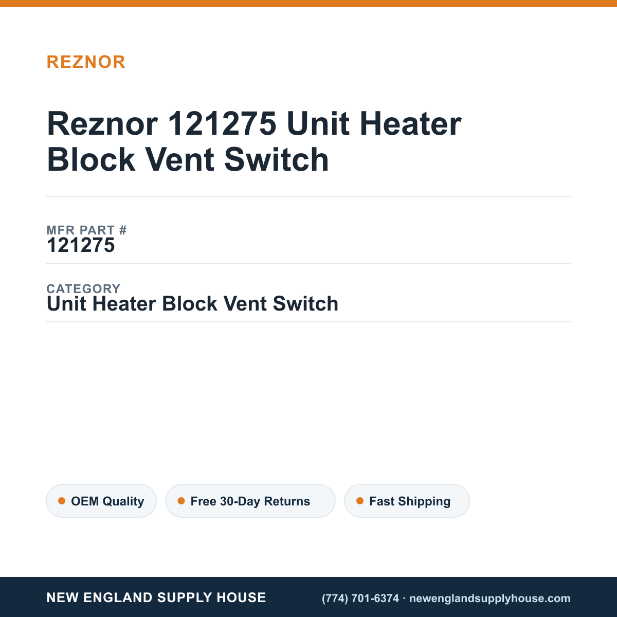 Reznor 121275 Unit Heater Block Vent Switch — New England Supply House spec card [NESH-SPEC-CARD-V2]