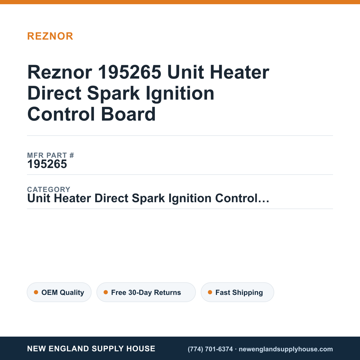 Reznor 195265 Unit Heater Direct Spark Ignition Control Board — New England Supply House spec card [NESH-SPEC-CARD-V2]