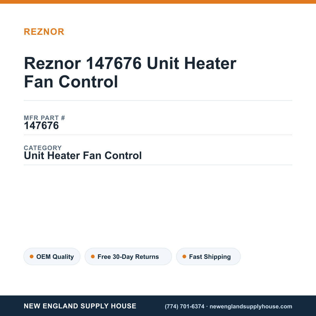 Reznor 147676 Unit Heater Fan Control — New England Supply House spec card [NESH-SPEC-CARD-V2]