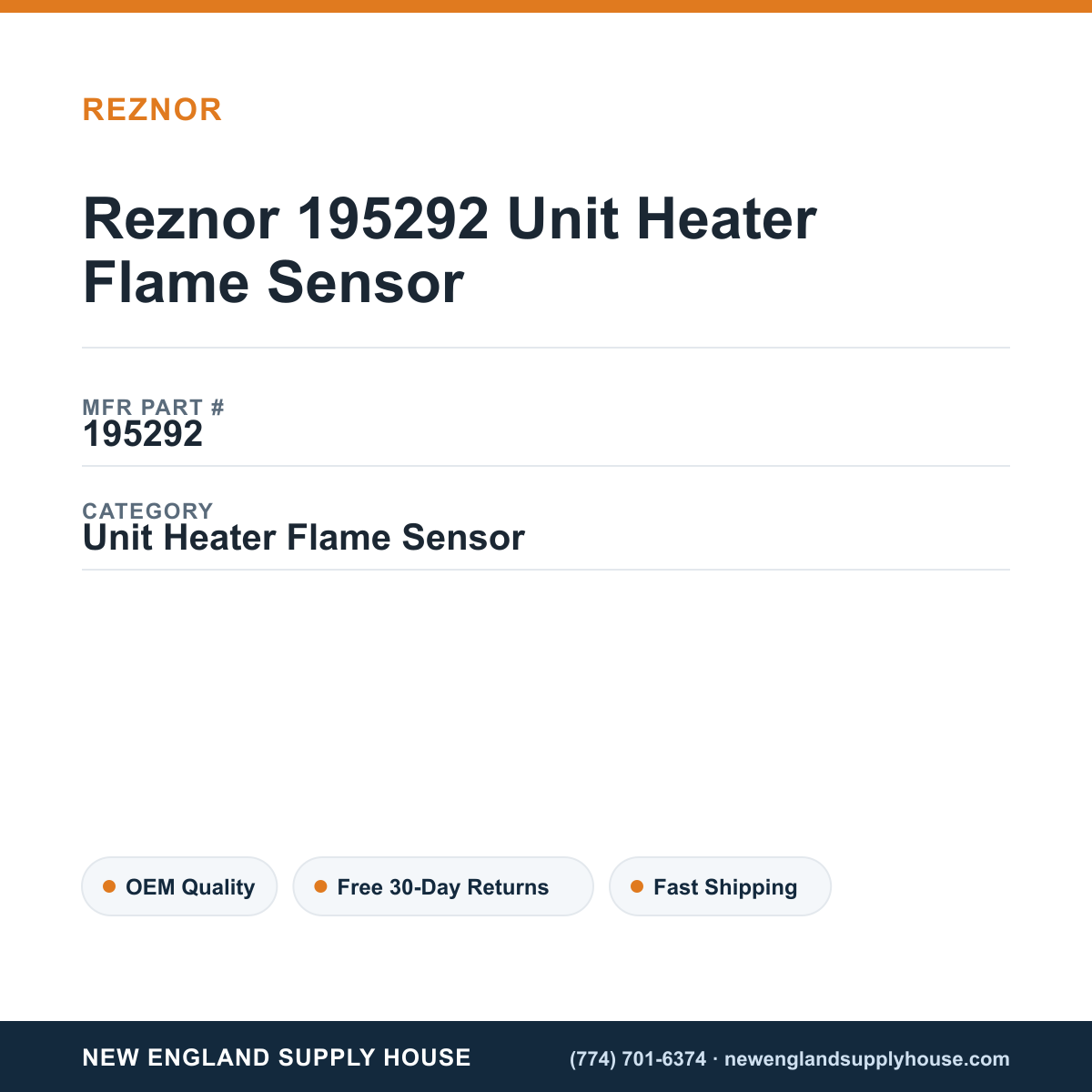 Reznor 195292 Unit Heater Flame Sensor — New England Supply House spec card [NESH-SPEC-CARD-V2]