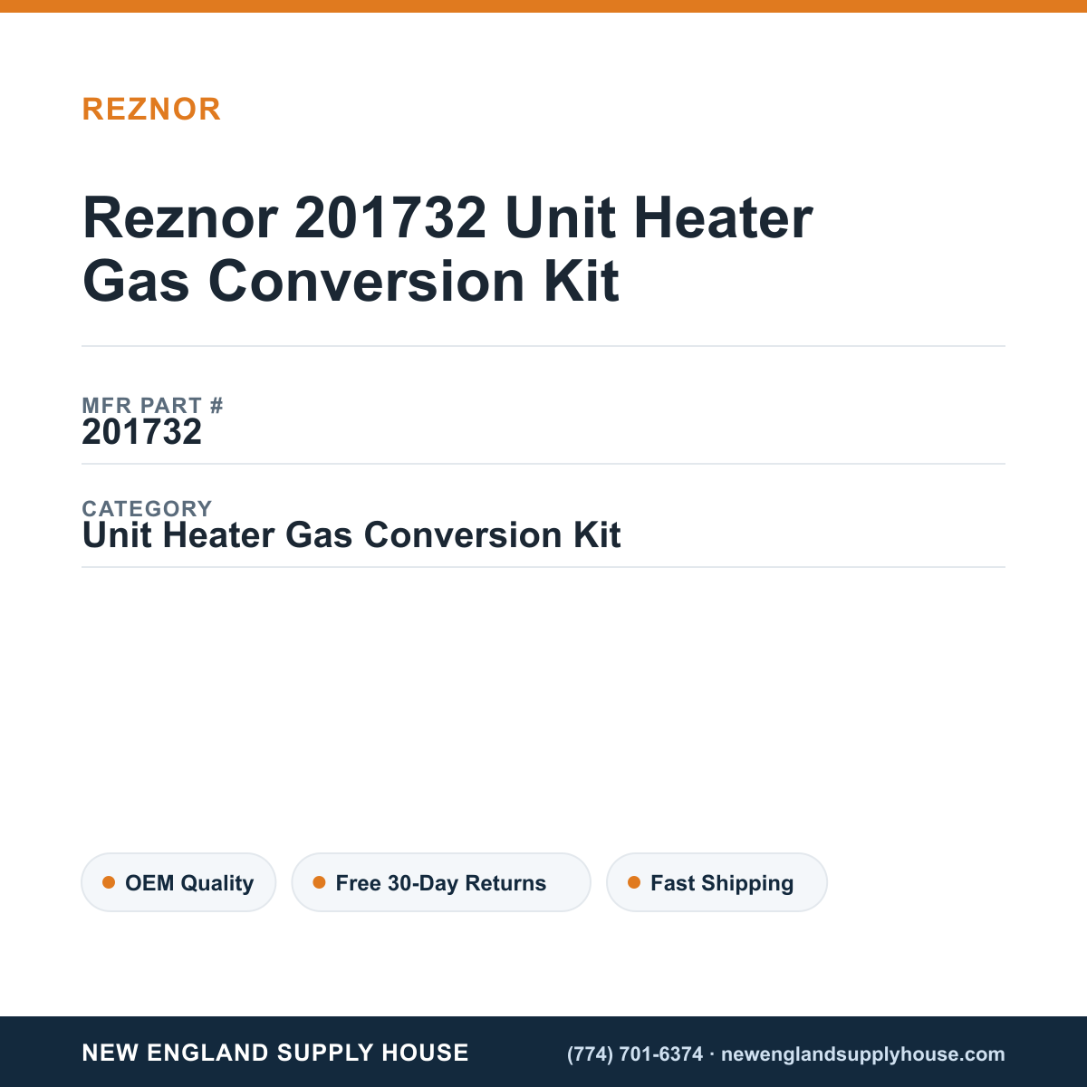 Reznor 201732 Unit Heater Gas Conversion Kit — New England Supply House spec card [NESH-SPEC-CARD-V2]