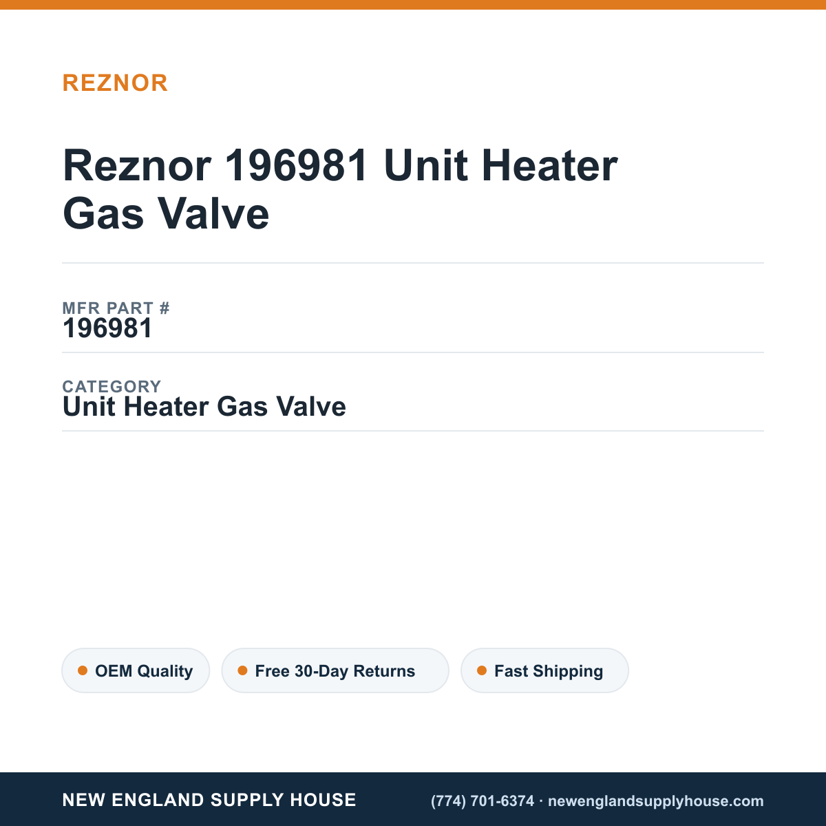Reznor 196981 Unit Heater Gas Valve — New England Supply House spec card [NESH-SPEC-CARD-V2]