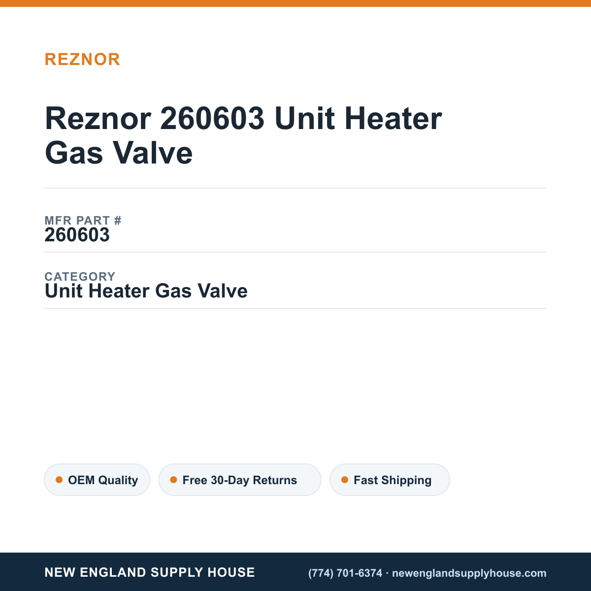 Reznor 260603 Unit Heater Gas Valve — New England Supply House spec card [NESH-SPEC-CARD-V2]
