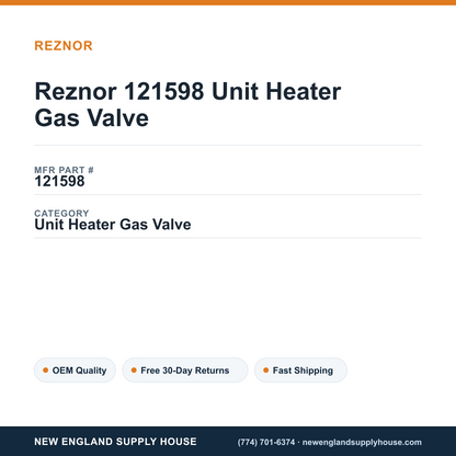 Reznor 121598 Unit Heater Gas Valve — New England Supply House spec card [NESH-SPEC-CARD-V2]