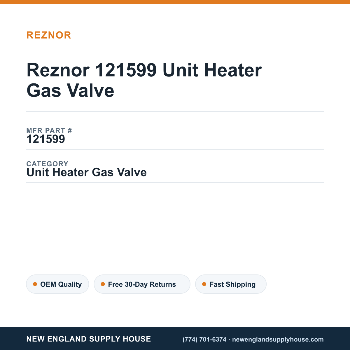 Reznor 121599 Unit Heater Gas Valve — New England Supply House spec card [NESH-SPEC-CARD-V2]