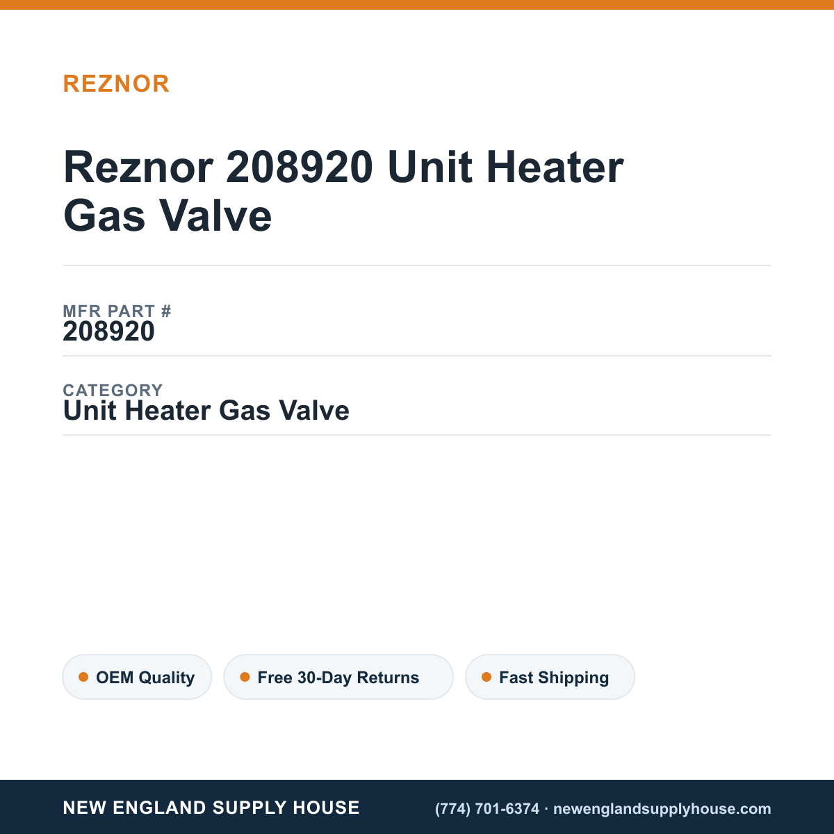 Reznor 208920 Unit Heater Gas Valve — New England Supply House spec card [NESH-SPEC-CARD-V2]