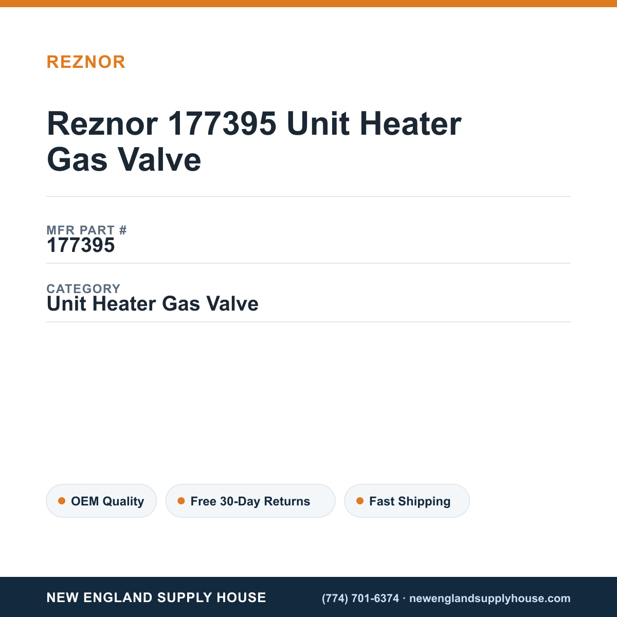 Reznor 177395 Unit Heater Gas Valve — New England Supply House spec card [NESH-SPEC-CARD-V2]