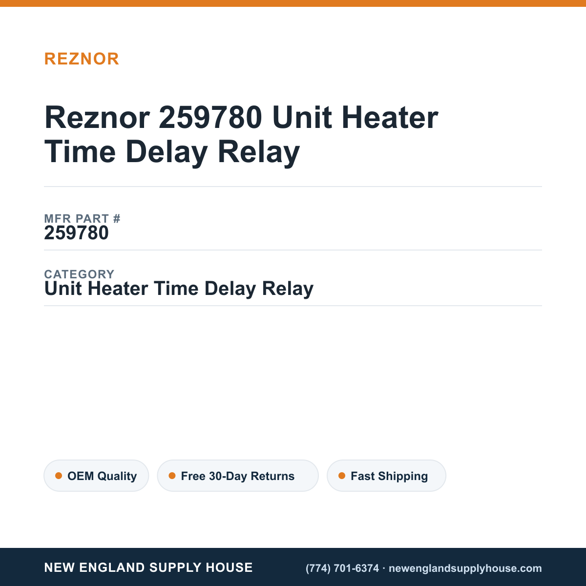 Reznor 259780 Unit Heater Time Delay Relay — New England Supply House spec card [NESH-SPEC-CARD-V2]