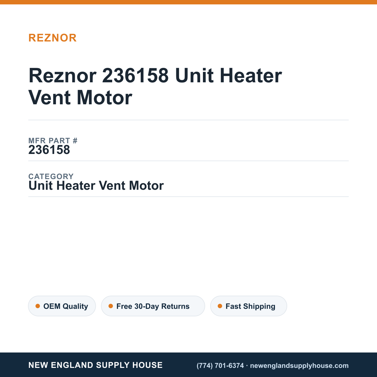 Reznor 236158 Unit Heater Vent Motor — New England Supply House spec card [NESH-SPEC-CARD-V2]