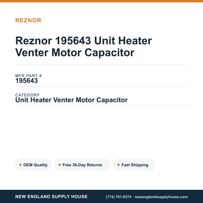 Reznor 195643 Unit Heater Venter Motor Capacitor — New England Supply House spec card [NESH-SPEC-CARD-V2]