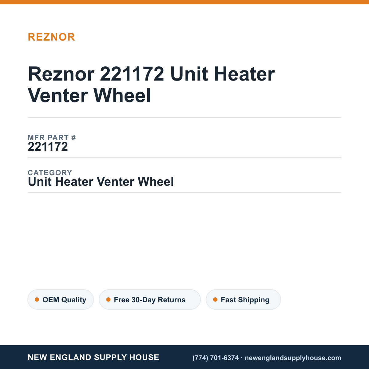 Reznor 221172 Unit Heater Venter Wheel — New England Supply House spec card [NESH-SPEC-CARD-V2]
